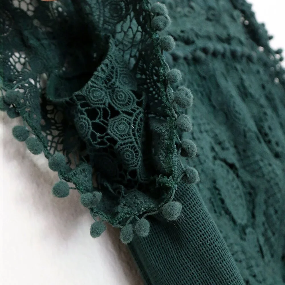 Tularosa Revolve Clayton Tunic Mini Dress L Hunter Green Pom Pom Trim Lace $210 - Picture 11 of 16